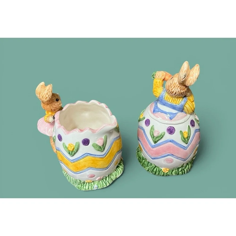 Fitz & Floyd Omnibus Egg-Spress Bunny Rabbit Creamer And Sugar Bowl Spring‎ READ